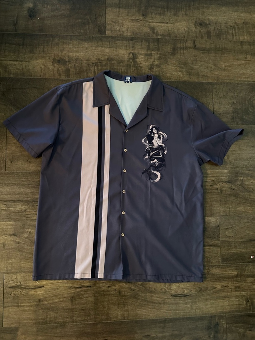 Men’s Casual Short-Sleeve Button Shirt with Stripe and Mermaid